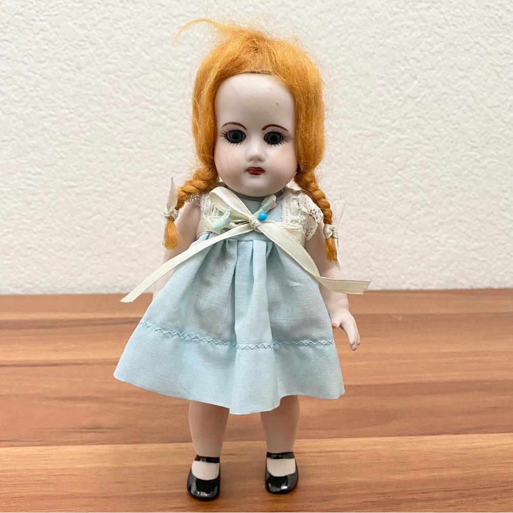 Antique Vintage Bisque Porcelain Articulated Chubby Cheek 7” Doll Signed